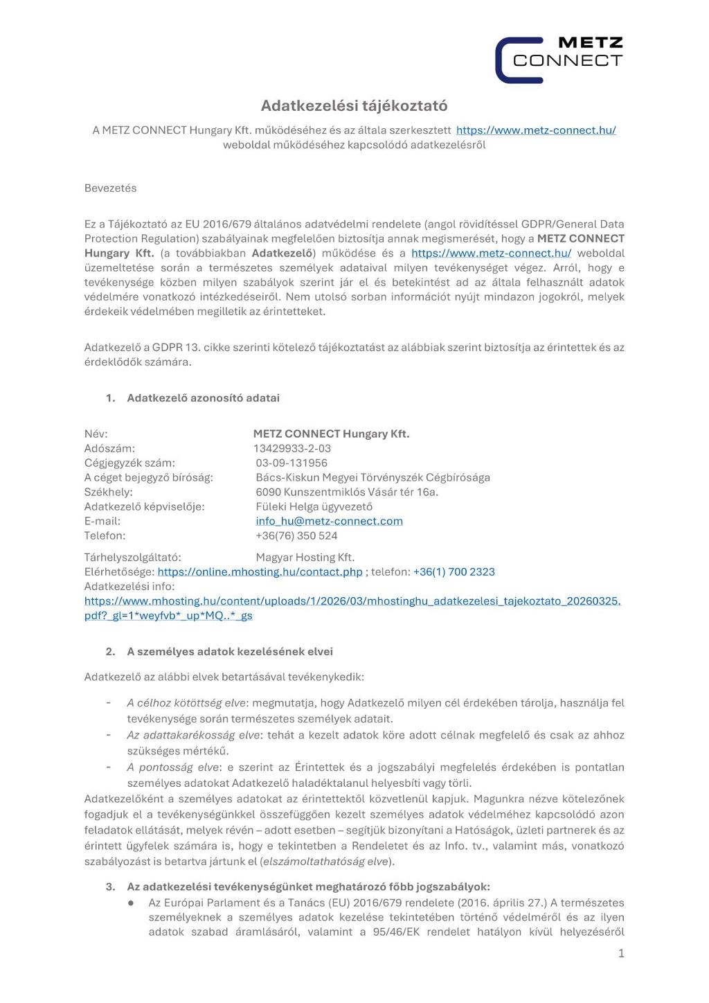METZ CONNECT Adatkezelesi szabalyzat